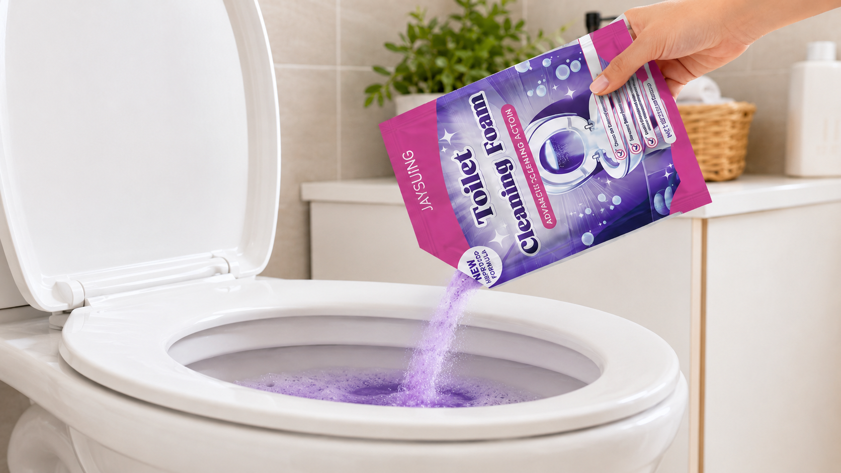 Poudre moussante versée dans une cuvette WC
